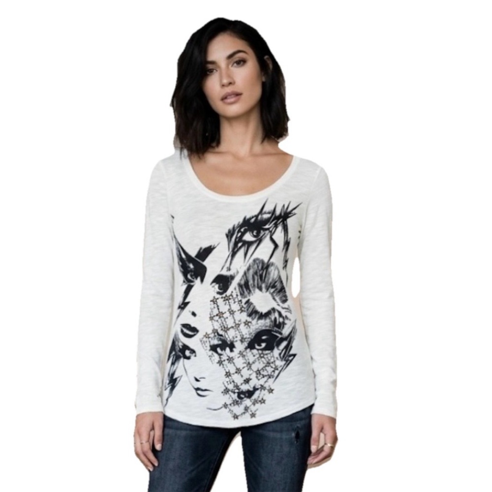 Lauren Moshi Punk Eyes Blouse Women’s White Graphic Scoop Neckline Size XS